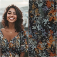 אריג ויסקוזה סטן דפוס פרחים דיגיטלי דגם בוטניקה רקע אפור