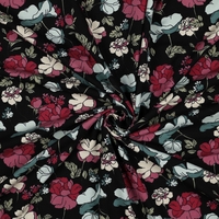 טריקו כותנה דפוס פרחים כפרי על רקע שחור