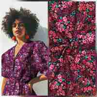 אריג כותנה דפוס פריחה מרהיבה על רקע שחור