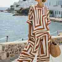 אריג פשתן ויסקוזה דפוס אמורפי בגווני חום ולבן