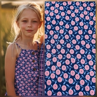 אריג כותנה דפוס פריחה כפרית בגווני כחול