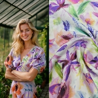 אריג ויסקוזה טנסל דפוס פריחת האקוורל בגווני לבנדר ירוק