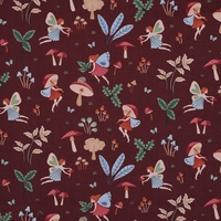 אריג כותנה דפוס פיות קסומות על רקע בורגנדי