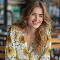 אריג כותנה דפוס פרחי חמניות על רקע לבן