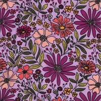 טריקו כותנה דפוס פרחים קסומים על רקע לבנדר