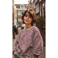 פרנץ טרי דפוס פרחים עדינים סגלגלים ורדרדים על רקע בז