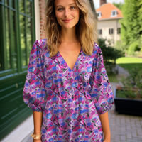 אריג ויסקוזה דפוס פנטזיה בורוד וכחול