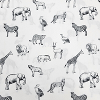 אריג כותנה דפוס חיות הג'ונגל בשחור לבן