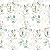 אריג כותנה דפוס דיגיטלי עלי אקליפטוס על רקע לבן