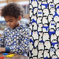 בד פוטר דפוס פינגווינים גווני כחול רויאל ולבן