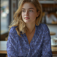 אריג ויסקוזה דפוס עלעלים דיגיטלי על רקע קובלט