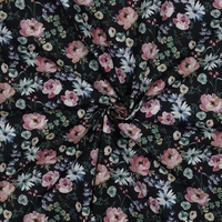 אריג כותנה דפוס פרחים בסגנון כפרי על רקע שחור