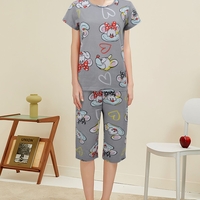פיג'מה קיץ מכנס 7/8 מדוגמת S-XXL נשים (אפור)