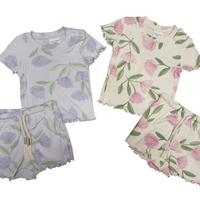 חליפה קיץ מדוגמת בד ריב 12-24M תינוקות בנות (סגול/ורוד)