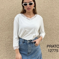 חולצה ריב צווארון וי תחרה PRATO נשים 1-3 (שחור/סגול/לבן)