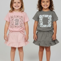 חליפה קיץ מדוגמת חצאית טייץ 2-8 בנות (אפור/ורוד)