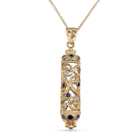 14K Yellow Gold Filigree Half Round Mezuzah Pendant with Sapphire and Lavender Stones