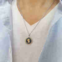 925 Sterling Silver and 14k Gold Lion of Judah Pendant with Round Onyx Stone