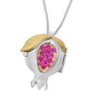 14K Gold Sterling Silver Ruby Shema Yisrael Pomegranate Locket Necklace