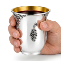 Hand holding a pure silver Kiddush cup, handmade, traditional filigree decoration