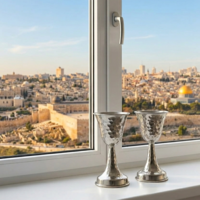 פמוטים מעוצבים בפטיש עבודת יד  מכסף טהור 925 על אדן חלון ירושלמי