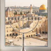 חנוכיה פטיש ייחודית מכסף טהור 925 עבודת יד על אדן חלון ירושלמי