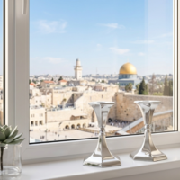 פמוטים מעוצבים בקווים גיאומטריים מכסף טהור 925 עבודת יד, על אדן חלון ירושלמי