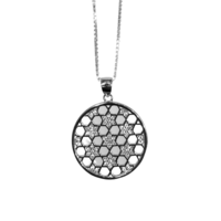 A round silver pendant with many Stars of David