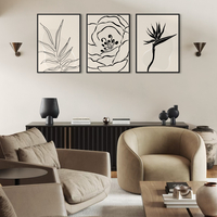 סט תמונות קו בוטני מינימליסטי בשחור לבן לעיצוב סלון מודרני