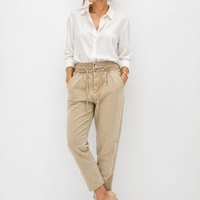 מכנסי צ'ינו נינוחים בגזרה גבוהה עם סגירת שרוך - בז' | מידה 38