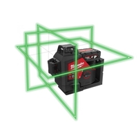 פלס לייזר מילווקי 12V ירוק - 3 קרניים / מעגלים M12 3PL milwaukee כולל סוללה 4AH ומטען בארגז קשיח