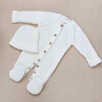 סט אוברול סרוג+כובע 0-3 - שמנת