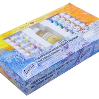 סט צבעי שמן לאמנים 12 צבעים, כולל שמן פשתן ומברשות  - Ladoga