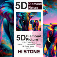 ערכת תמונת יהלומים 5D HI STONE - פילים צבעוניים בשקיעה - 30x20 ס