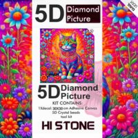 ערכת תמונת יהלומים 5D HI STONE - חתול צבעוני בין פרחים - 30x30 ס