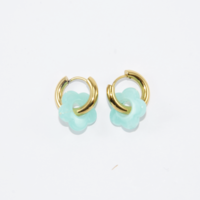 Gold plated hoop earrings with a stone bead - light blue flower