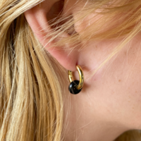 Gold plated hoop earrings with a stone bead - black onyx