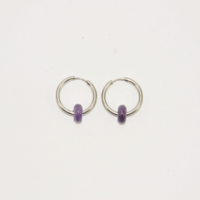 Silver plated hoop earrings with a stone bead - amethyst