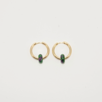 Gold plated hoop earrings with a stone bead - green purple