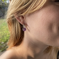 Silver plated hoop earrings with a stone bead - amethyst