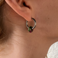 Silver plated hoop earrings with a stone bead - green purple