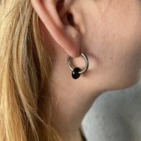 Silver plated hoop earrings with a stone bead - black onyx