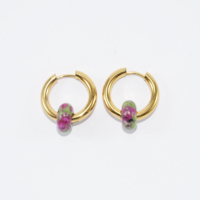 Gold plated hoop earrings with a stone bead - green purple