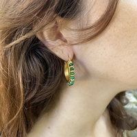 Gold-plated hoop earrings with malachite and brass beads