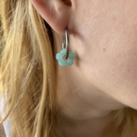 Silver plated hoop earrings with a stone bead - light blue flower