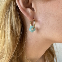 Gold plated hoop earrings with a stone bead - light blue flower