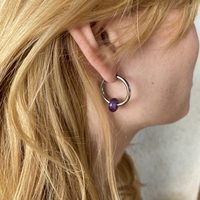 Silver plated hoop earrings with a stone bead - amethyst