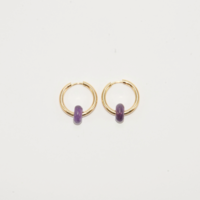 Gold plated hoop earrings with a stone bead - amethyst