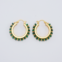 Gold-plated hoop earrings with malachite and brass beads