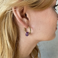 Gold plated hoop earrings with a stone bead - amethyst